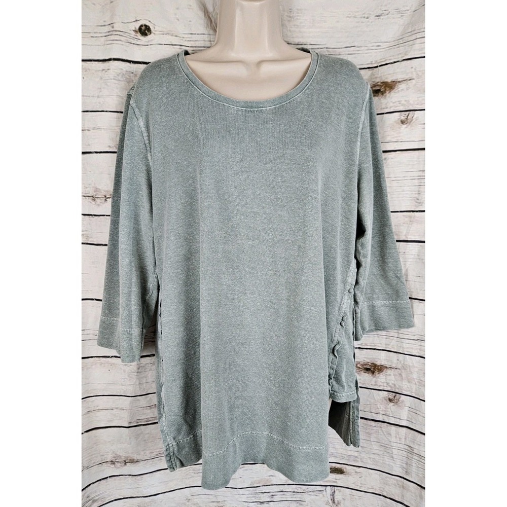 Poetry Green Hemp Blend Knit Distressed Tee Top US 14 UK18 Lagenlook Tunic